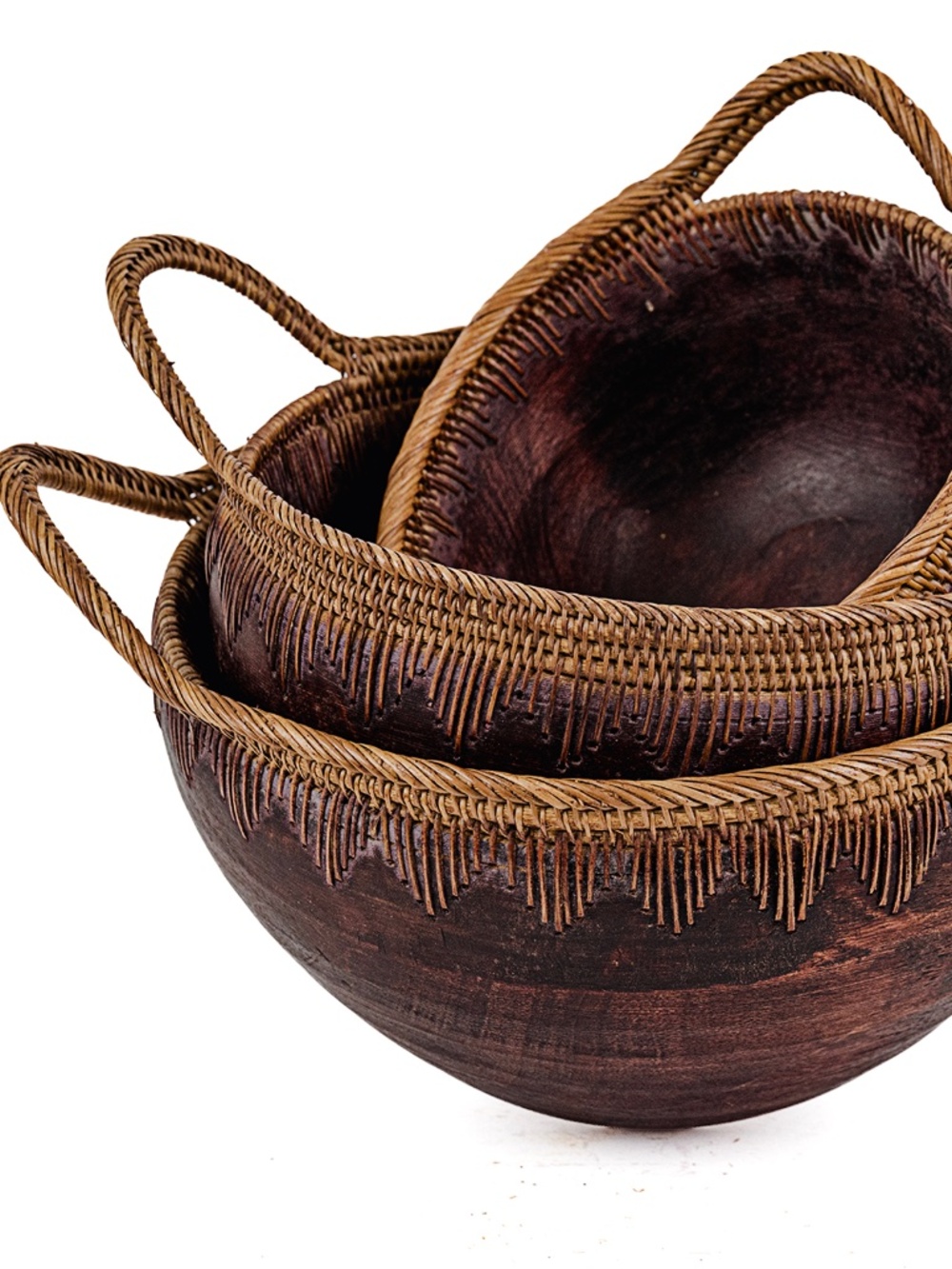 Vintage Indonesian Handmade Nesting Wooden Bowls With Woven Handles